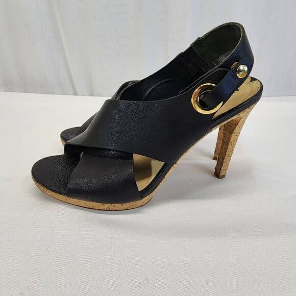 Via Spiga Onitta Cork Open Toe Leather Sandal Heels Slingback Black Size 8.5 I - Picture 4 of 10